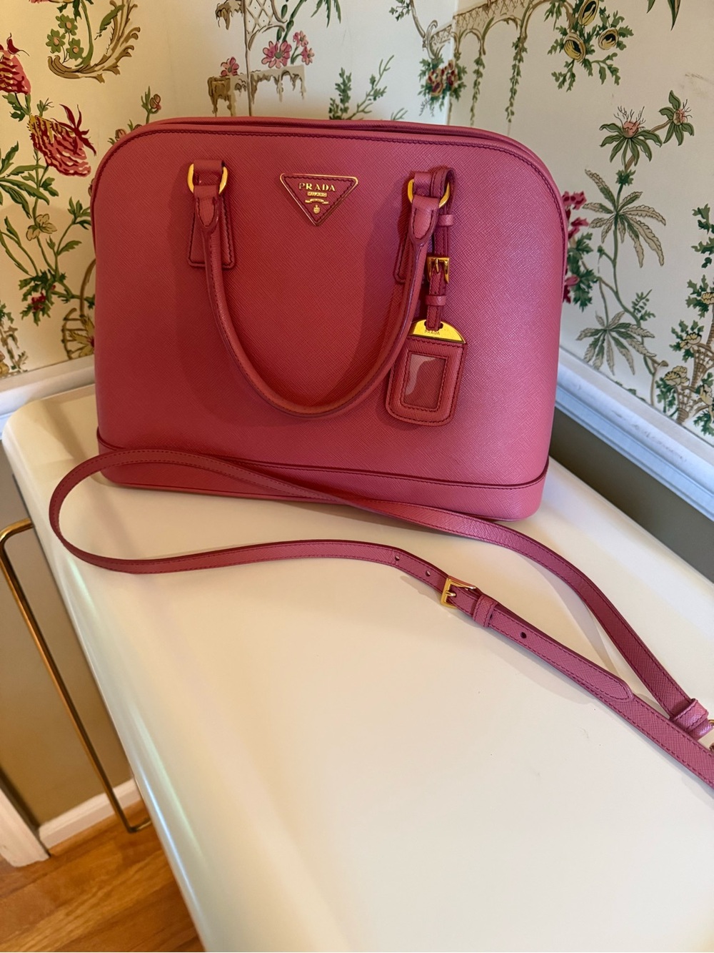 Prada Pink Saffiano Dome Satchel with Gold Hardware